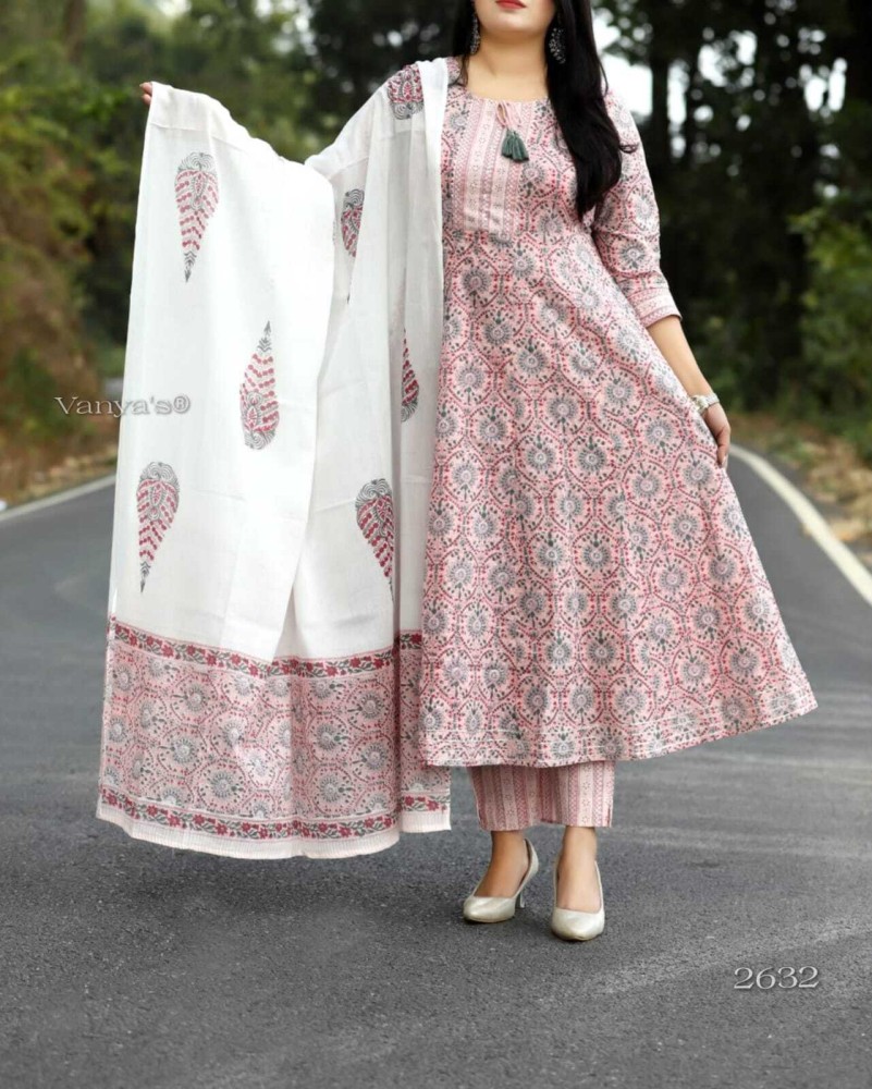 Pink Anarkali Kurti Pant Dupatta Set - Shop online women fashion