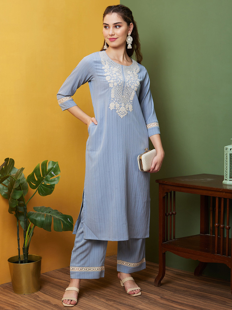 Globus Solid Kurta Trouser Pant Dupatta Set Buy Globus Solid