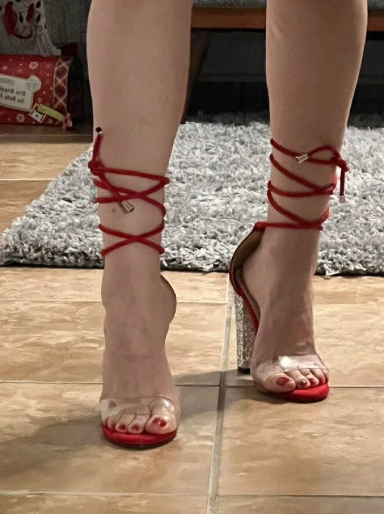 Red heels with clear on sale strap