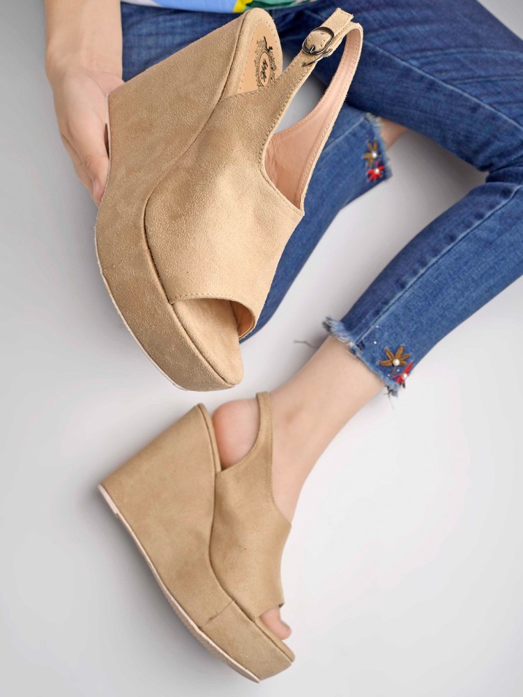 Beige suede online wedges