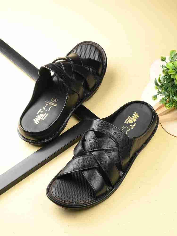 Footwear Gladiator Mens All Leather Slippers Hitz Black Leather