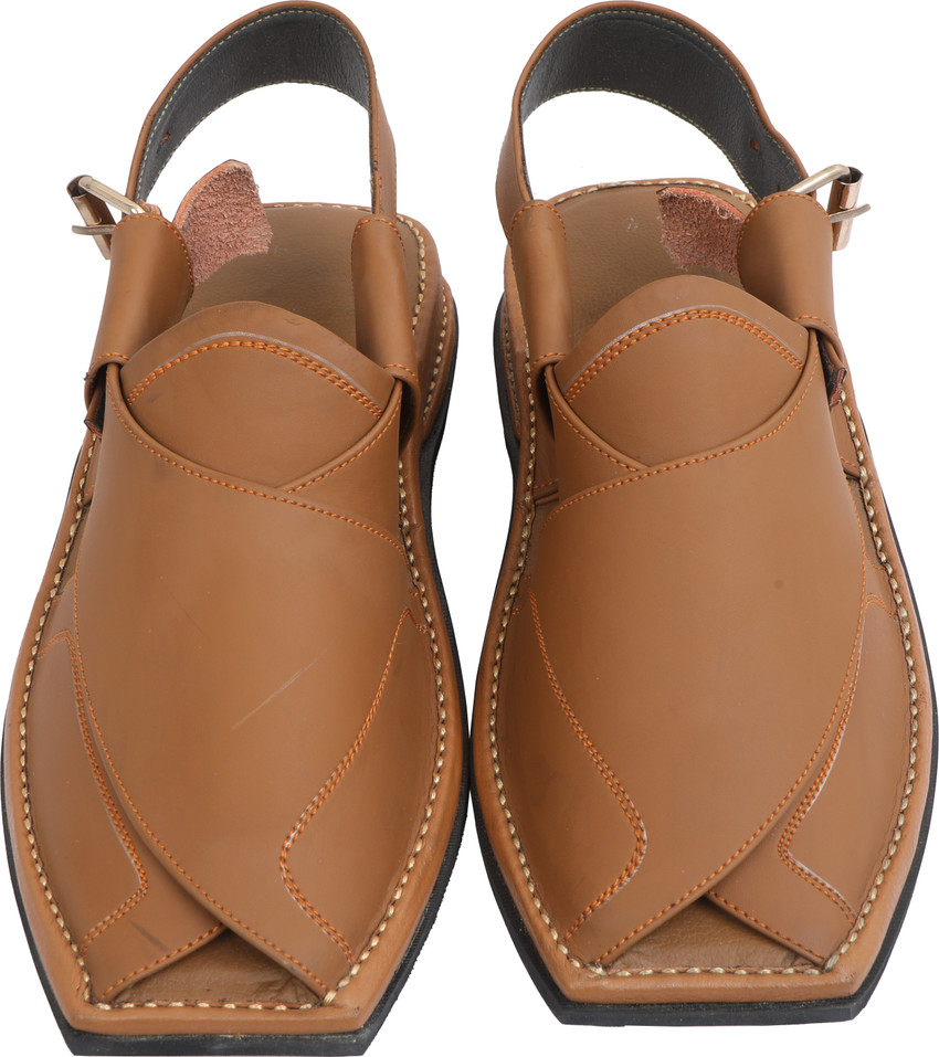 Dark Brown Genuine Leather Cross Design Light Weight Peshawari Sandals