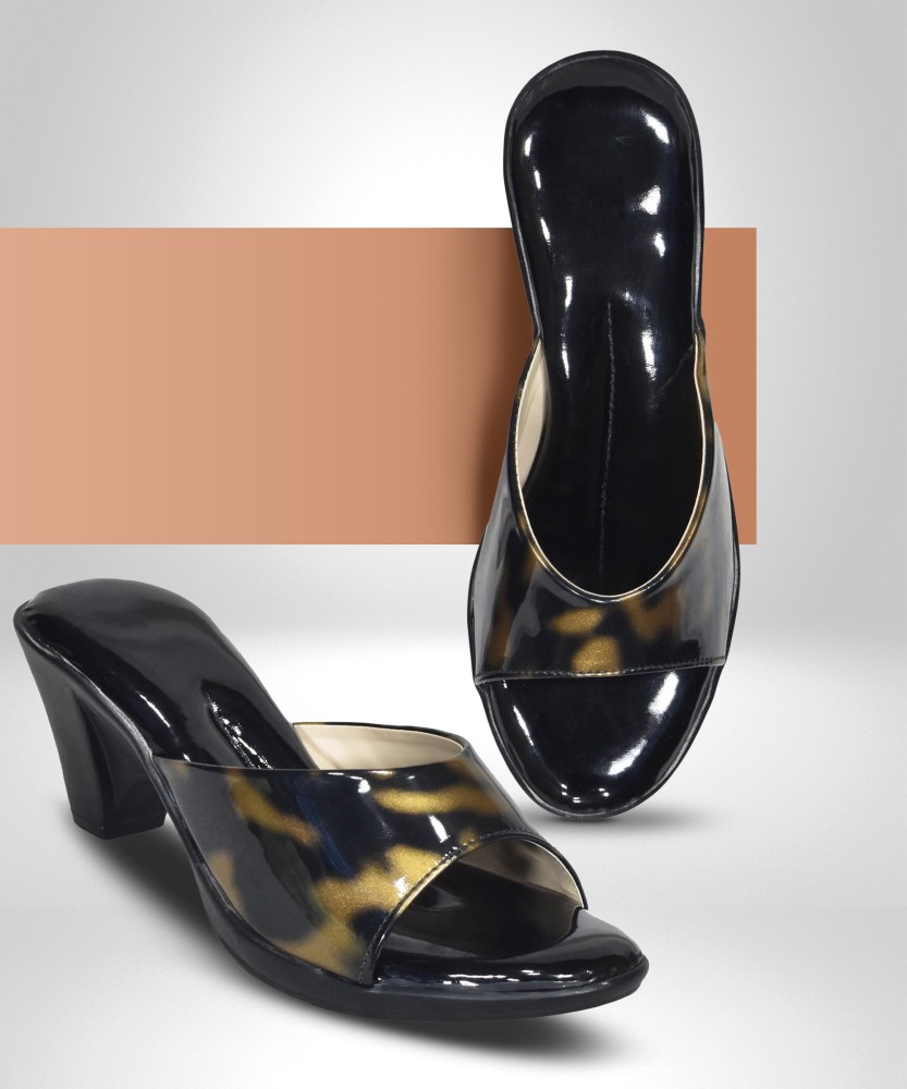 Womens Black Patent Leather Mule Heels