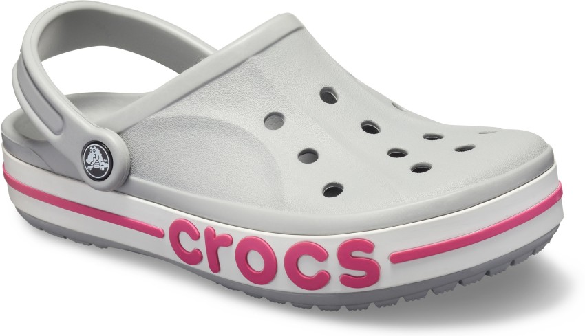 grey and pink crocs