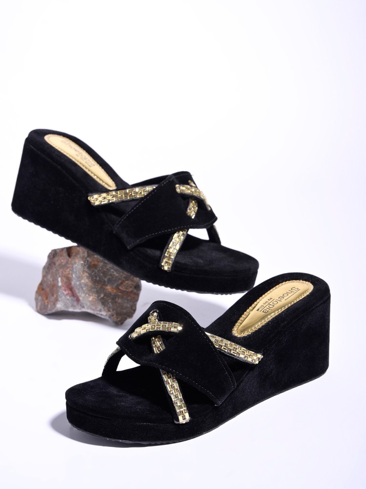 Black and discount gold wedge heels