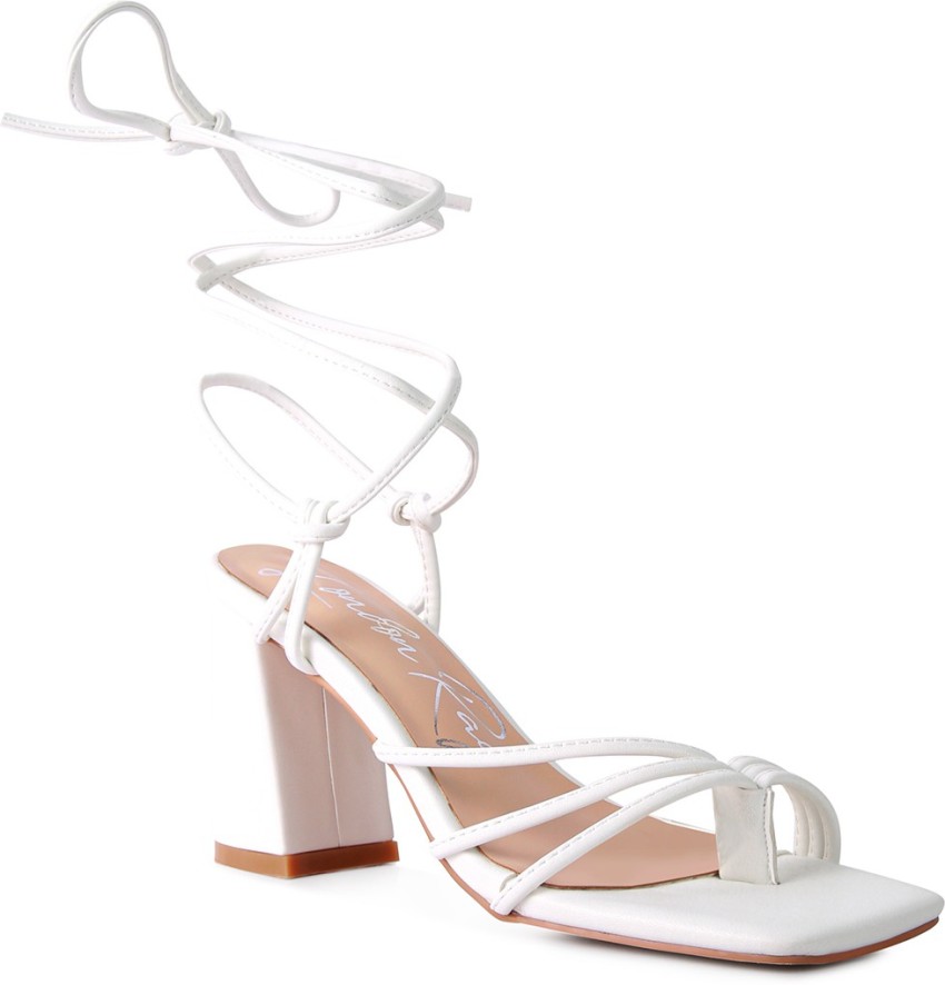 White mid block discount heels