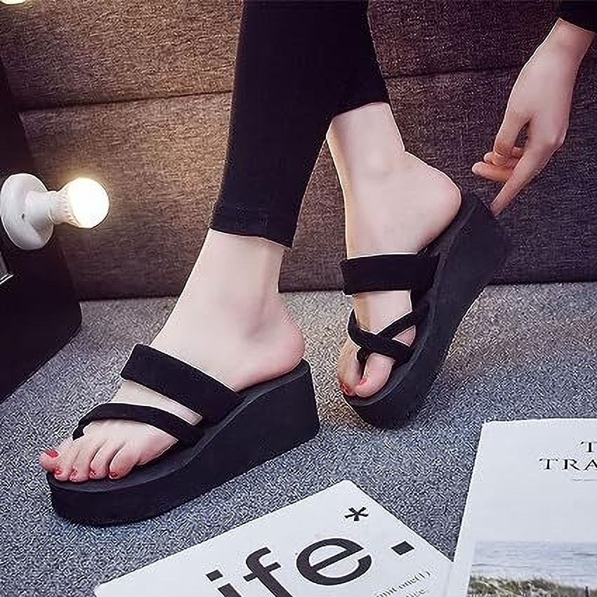 Black wedge online slippers