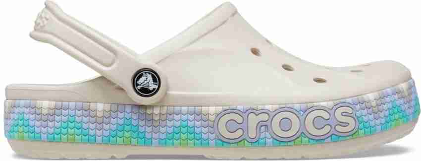 White crocs discount with rainbow lettering