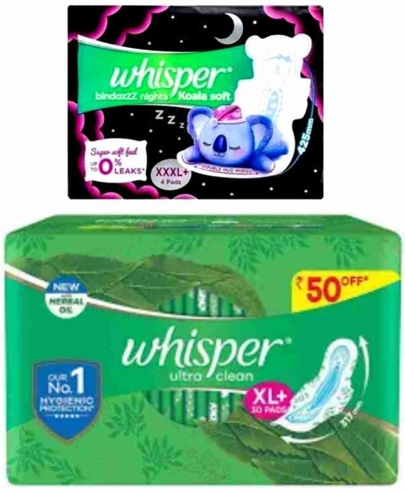 Whisper Bindazzz Night Sanitary (XL+ 30Pads) (Pack of 2) Sanitary Pad, Buy  Women Hygiene products online in India