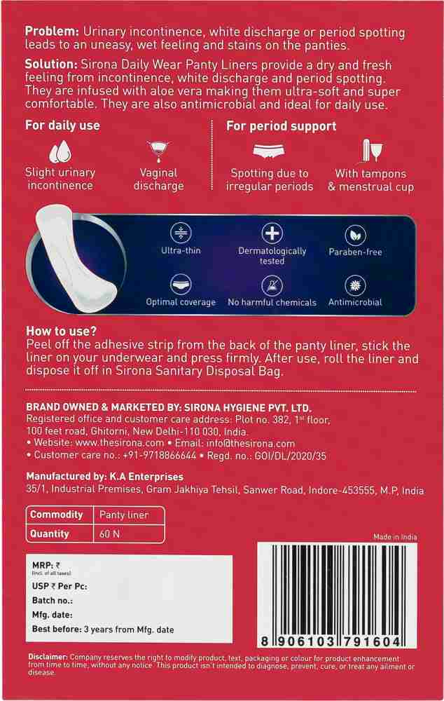 Sirona panty liners pack of 20 at Rs 75/pack, Panty Liner in New Delhi