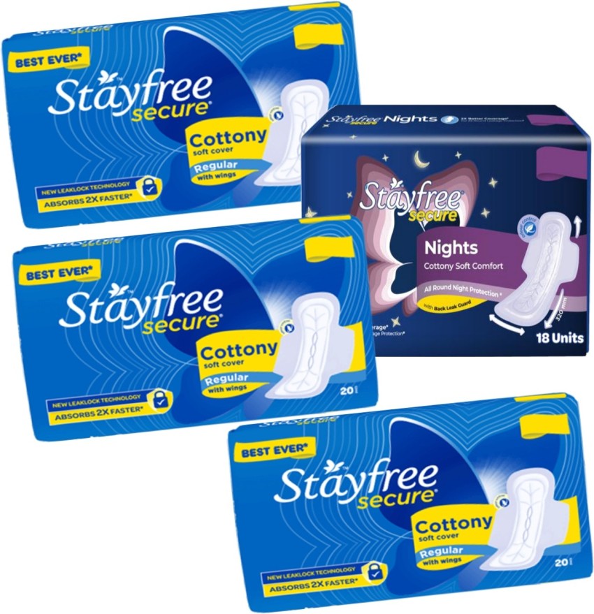 STAYFREE Secure Nights Sanitary Pad - Cottony Soft Comfort & Back Leak  Guard, 6 pcs