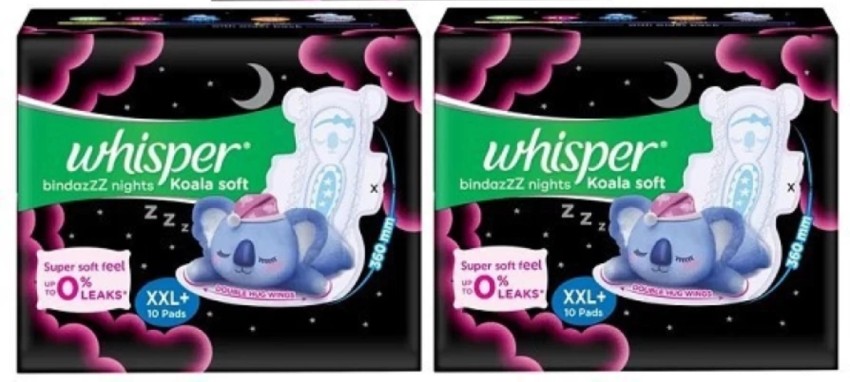 Whisper Bindazzz Night Kola Soft Sanitary Pads Pack of 10+10 (XXL+) Sanitary  Pad, Buy Women Hygiene products online in India