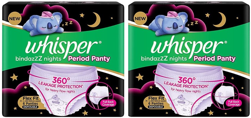 Buy Whisper Bindazzz Nights Period Panty, 12 Whisper M-L Period Panties 6+6, 360° leakage protection, Suitable for Heavy Flow