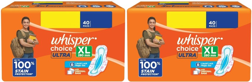 Whisper Choice Ultra Sanitary Pad - 100% Protection, With Disposal Bags,  XL, 40 pcs