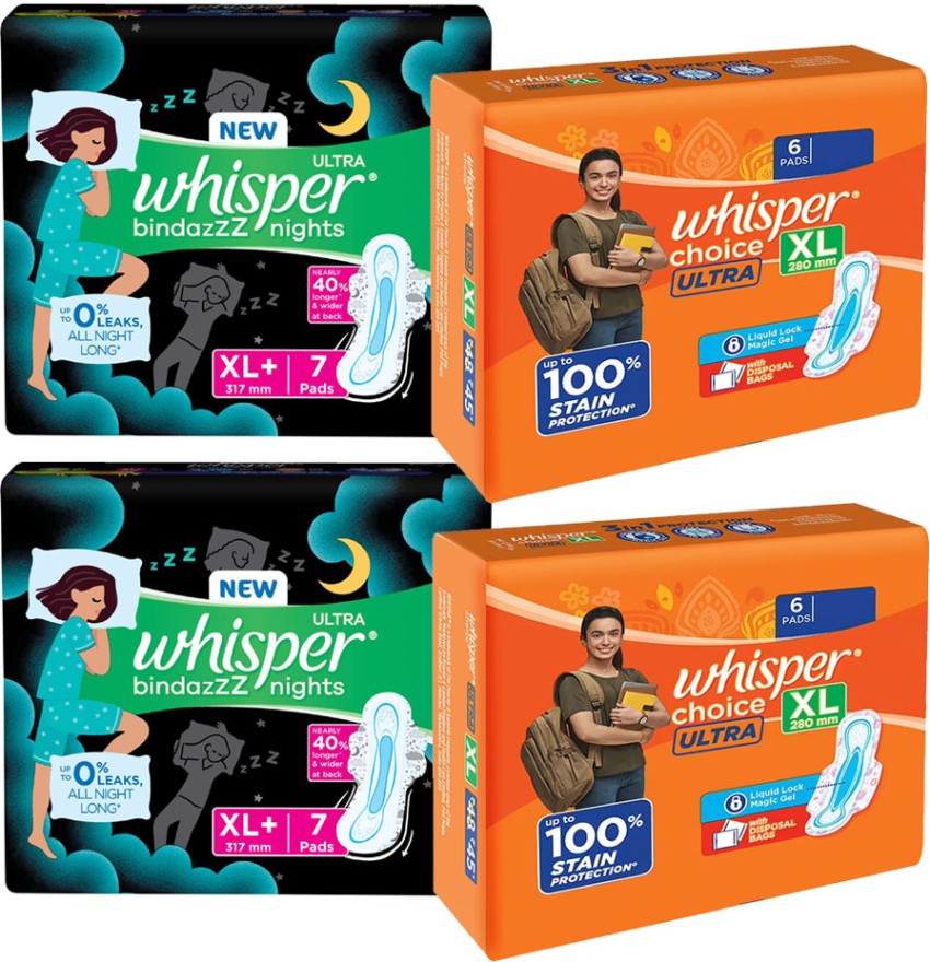 Buy Whisper Bindazzz Night Sanitary Pads, Pack of 44 thin Pads, XL+