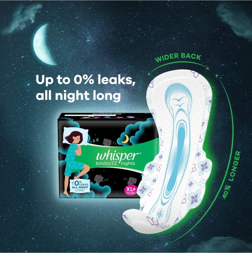 Whisper Bindazzz Night Sanitary Pads, Pack of 44 thin Pads, XL+, upto 0%  Leaks, Sanitary Pad, Buy Women Hygiene products online in India