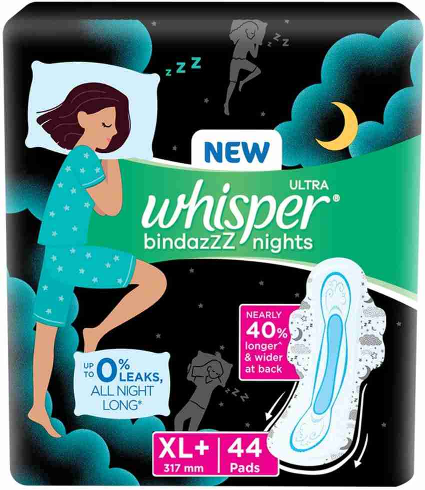 Whisper Bindazzz Nights Sanitary Pads for Women, XL+ 44 Napkins Sanitary  Pad, Buy Women Hygiene products online in India