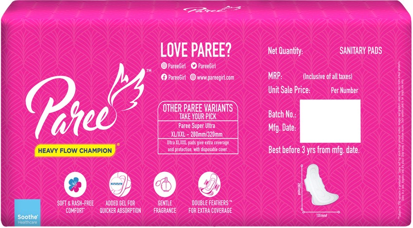Paree Soft & Rash Free Double Feathers XL Sanitary Pads,With 3
