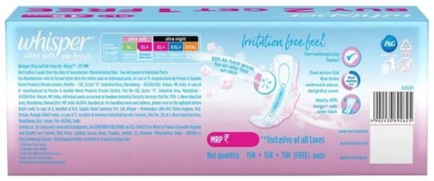 Buy Whisper Ultra Soft Air Fresh Sanitary Napkin (XL+ ) 30 pads