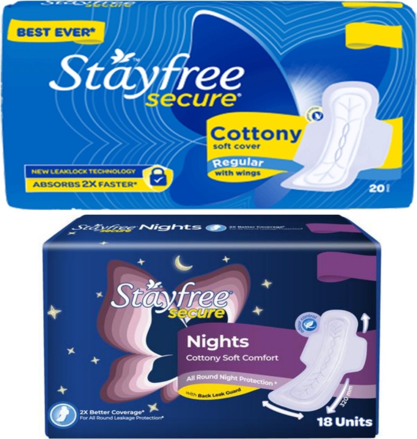 STAYFREE Secure cottny Regular 20 + Secure Nights 18 N pad Pack of 2 Sanitary  Pad, Buy Women Hygiene products online in India