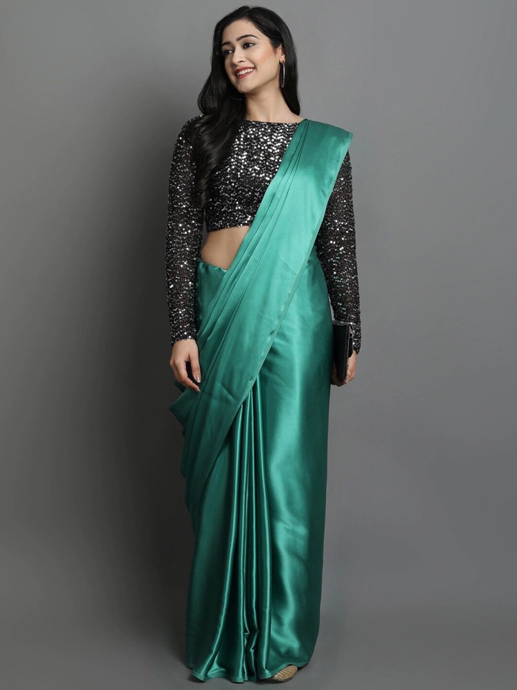 Buy ZINLORIZ Solid/Plain Bollywood Satin Blue Sarees Online @ Best