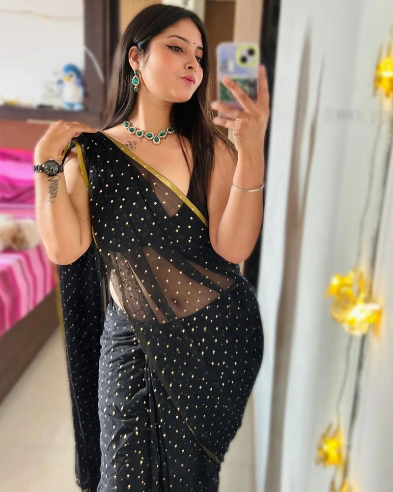 Buy V And V Shop Embellished Daily Wear Georgette Chiffon Black Sarees Online Best Price In India Flipkart
