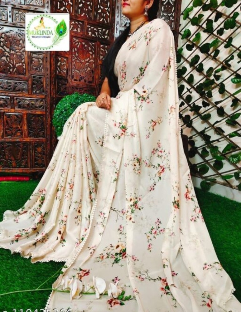 Buy AVANSHEE Floral Print Bollywood Satin Saree (White) Online at Best  Prices in India - JioMart.