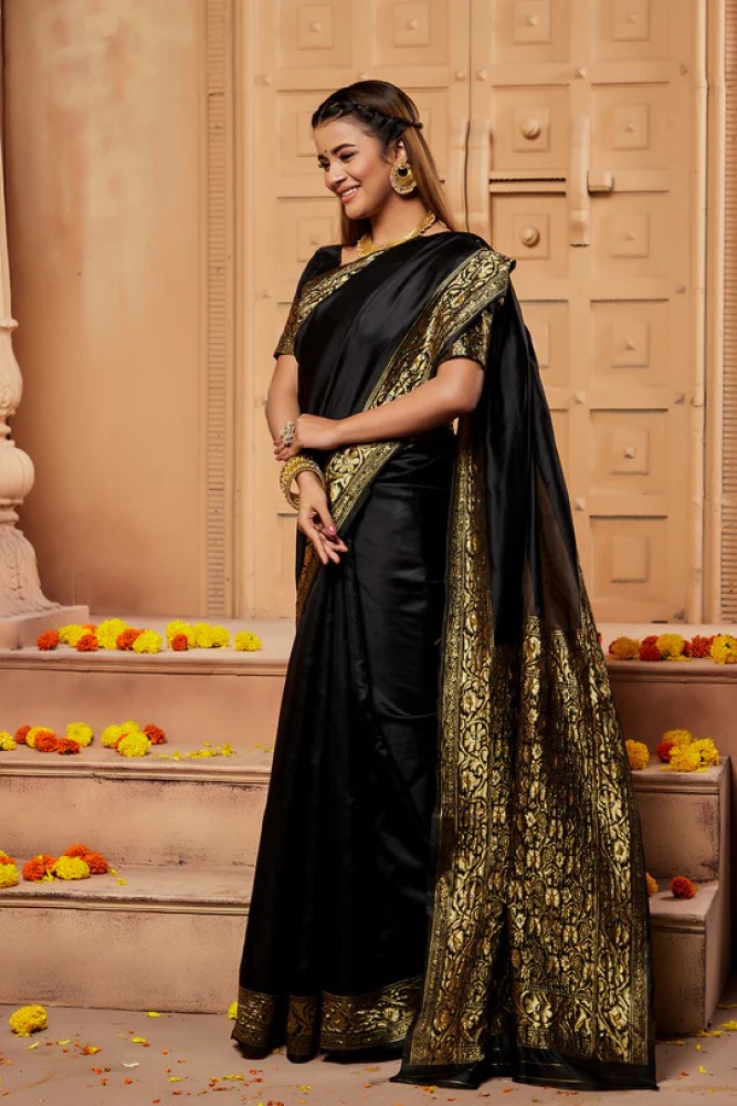 women's Kanchipuram soft silk saree in Black dvz0002581 - Dvanza.com
