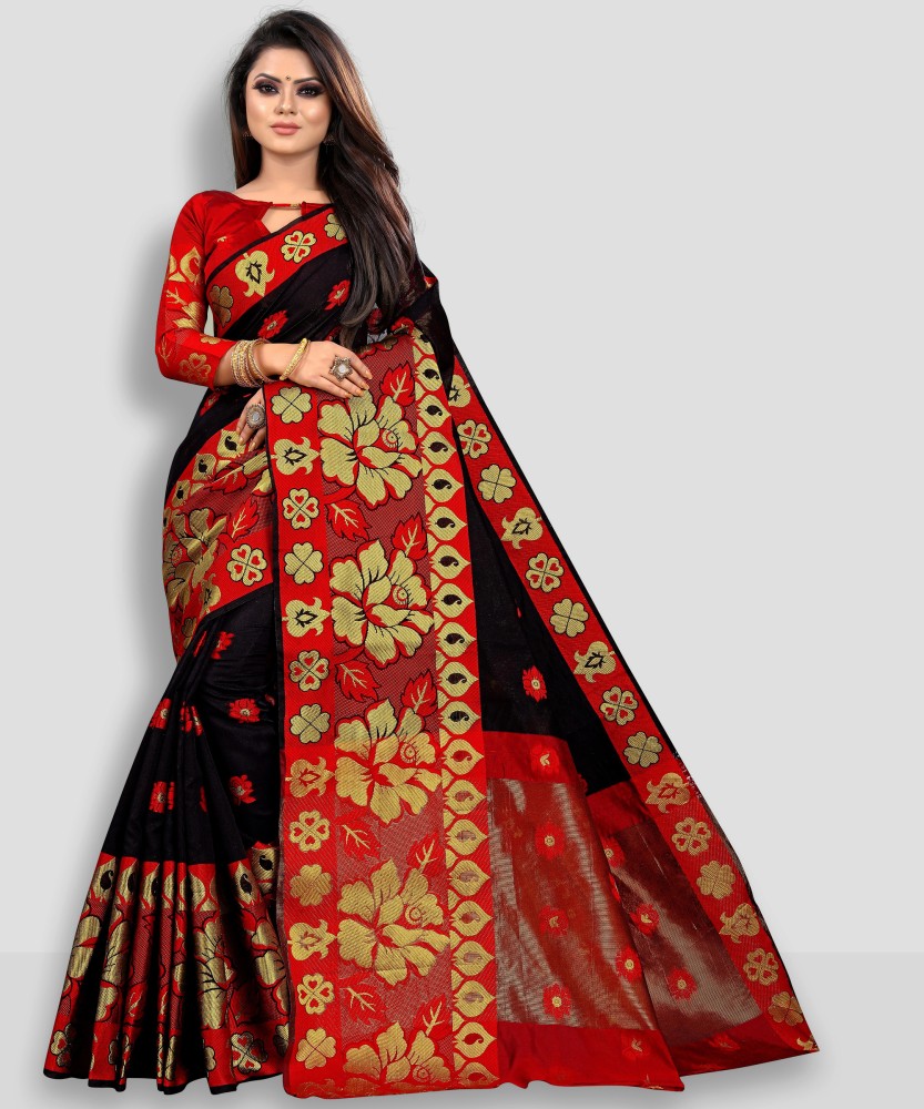 Buy Big Fashion Woven Banarasi Cotton Silk Black Sarees Online Best Price In India Flipkart