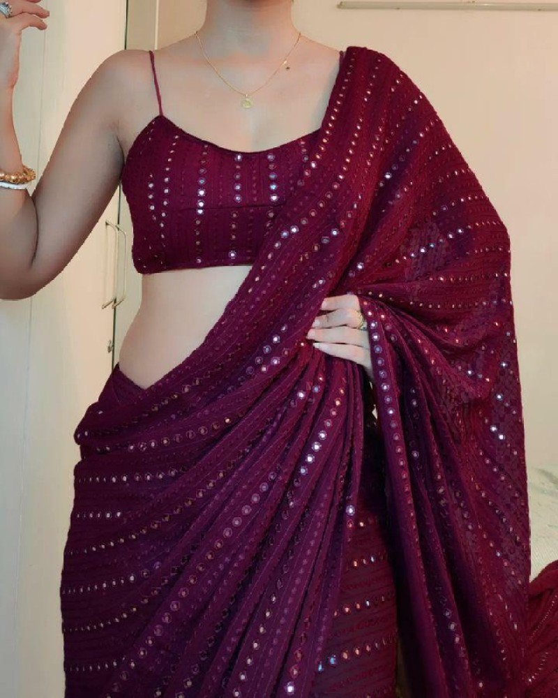 Shop Wine lycra saree with foil print Party Wear Online at Best Price