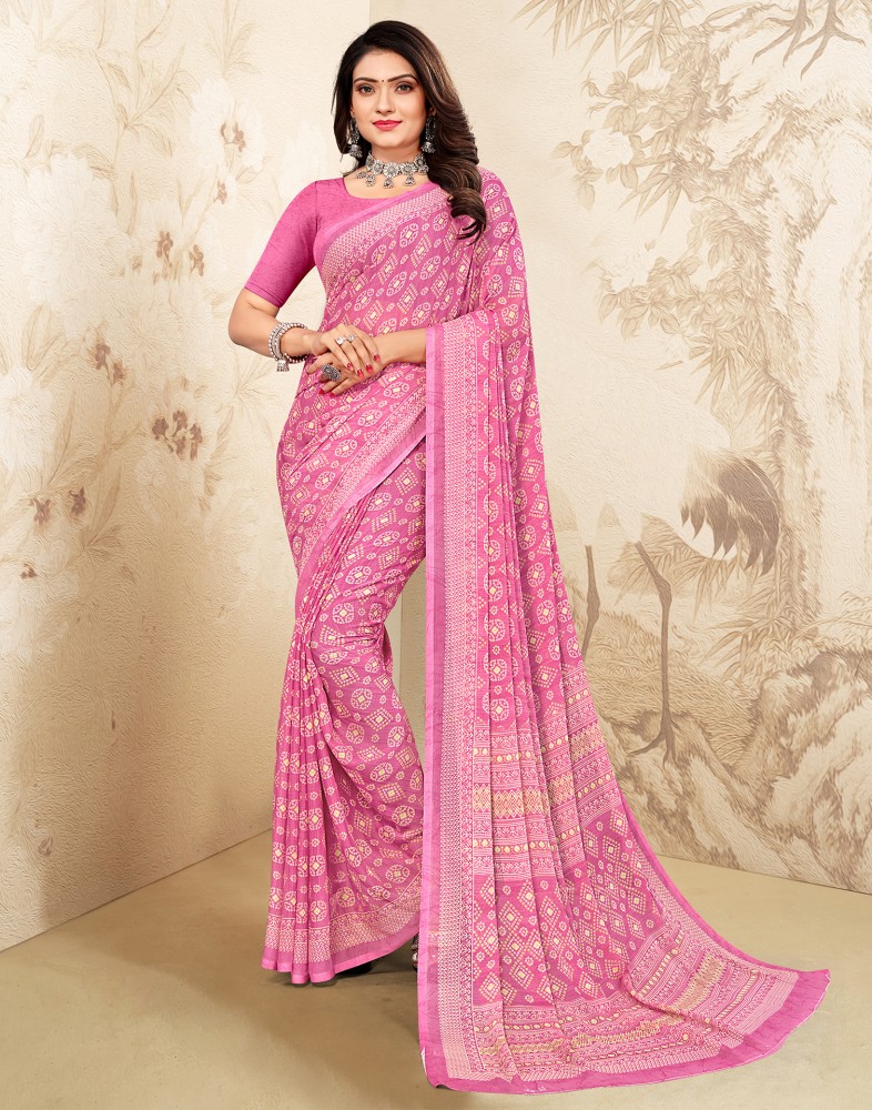 Buy Samah Geometric Print, Printed Bandhani Chiffon Pink, Beige, White  Sarees Online @ Best Price In India