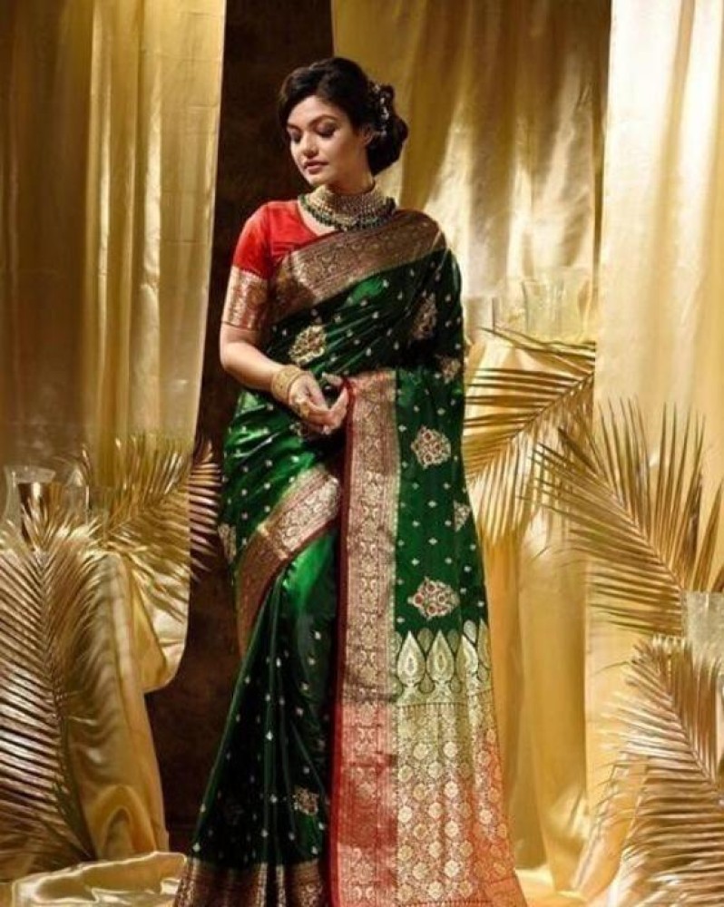 Indian Emerald Green Saree With Silk Unstitched Blouse, Saree