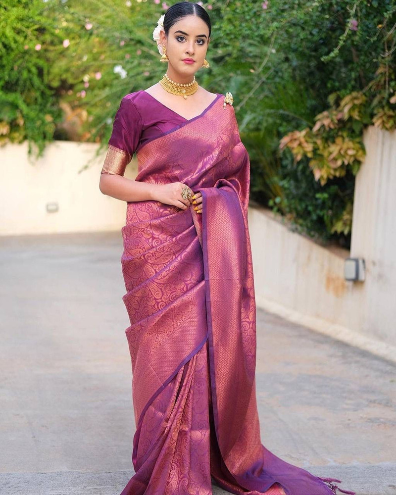 Buy Handy Trendy Woven Kanjivaram Pure Silk Purple Sarees Online