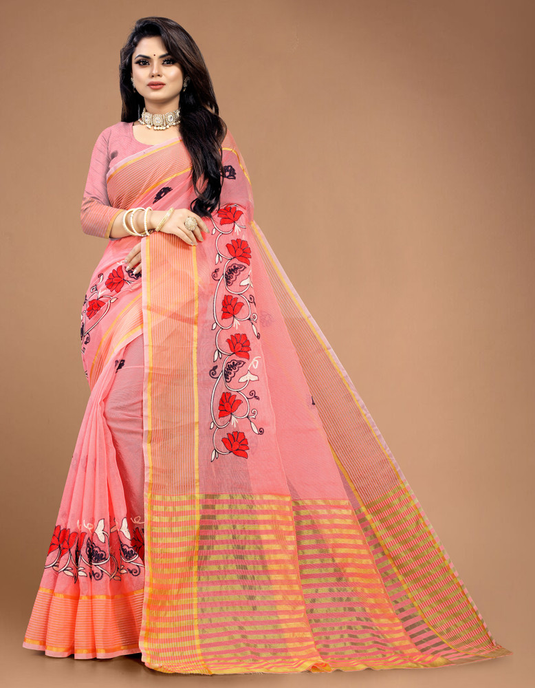 Buy RuhiFabrics Embroidered Banarasi Net Supernet Pink Sarees
