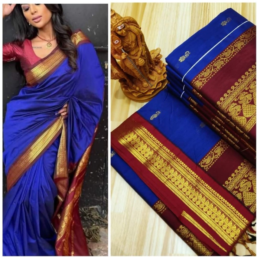 SAMVITA Blue Kalyani Cotton Silk Gadwal Saree For Women's Wedding and Party  Wear