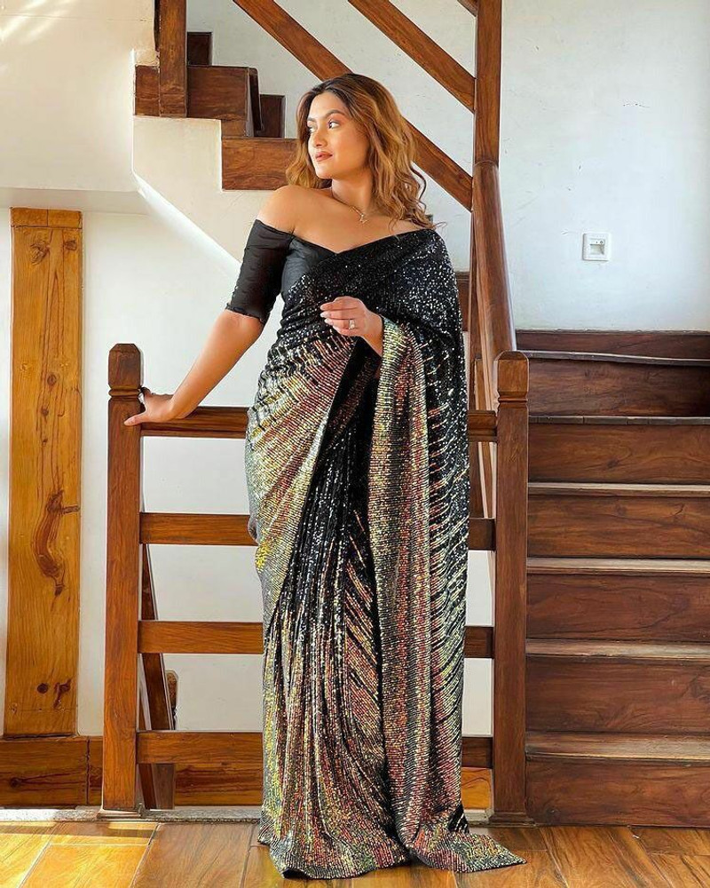 Buy K D FASHION Embroidered Bollywood Georgette Black Sarees