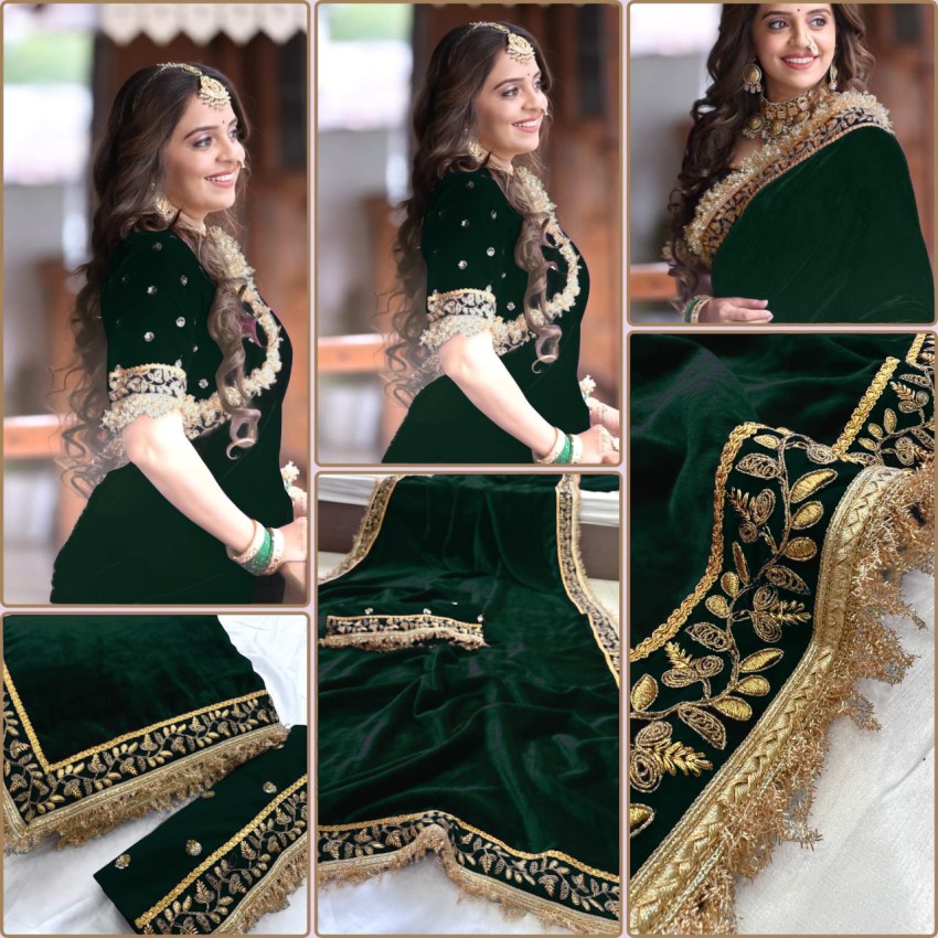 Pure Velvet Designer Green Saree With Heavy Embroidery Work Unstitched  Blouse, वेलवेट साड़ी - Shivam E-Commerce, Surat