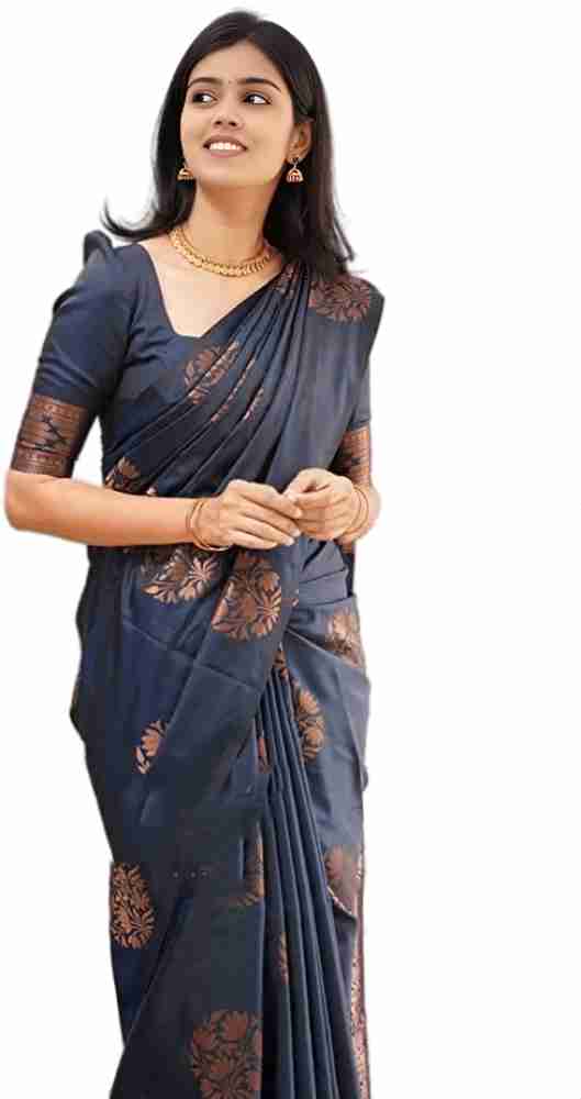 Buy Nency fashion Women's Banarasi Silk Saree With Un-stiched Blouse Piece  (Navy Blue) at