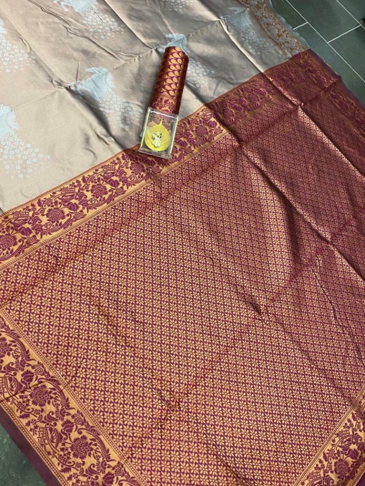 Buy online Soft jacquard saree with self woven motif - Grey-AF1241