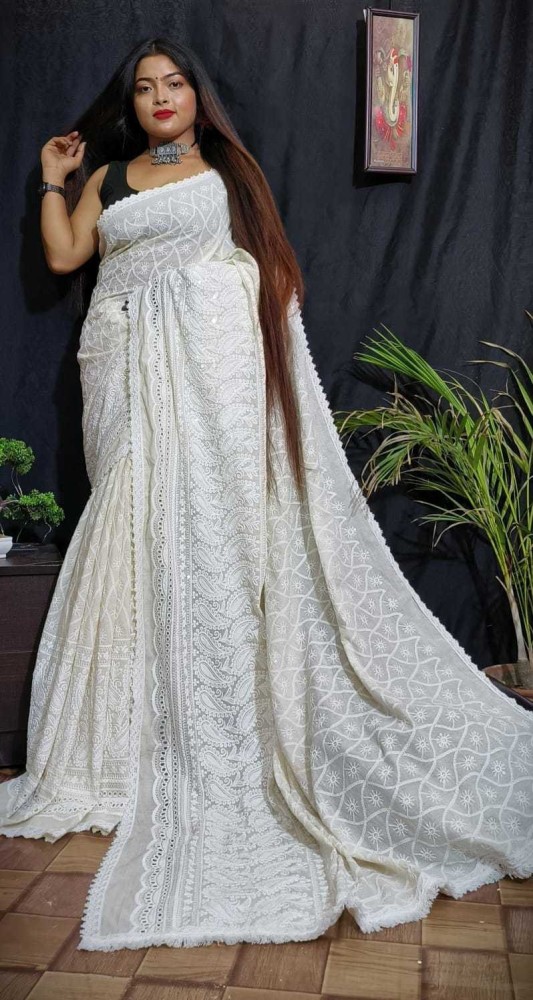 Buy Women White Thread Embroidered Mesh Saree Set With Stitched Blouse -  Wedding Wonder - Indya