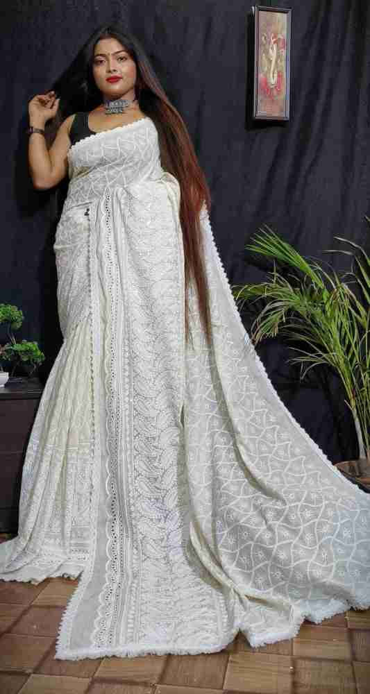 Buy Bong ButiQ Embellished Lucknow Chikankari Tissue White Sarees Online @  Best Price In India