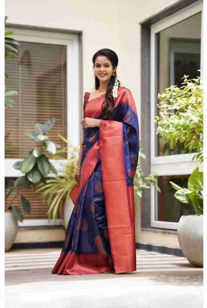 Navy blue woven art silk saree with blouse with belt