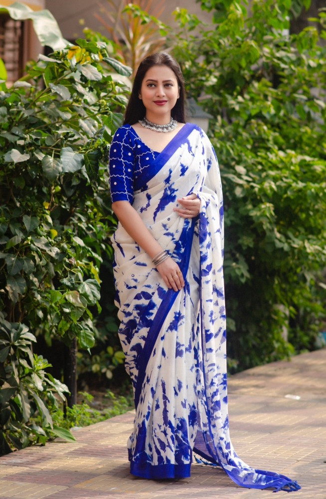 Party Wear Printed Blue and White Cotton Saree, With Blouse, 5.5 m at Rs  550 in Jaipur