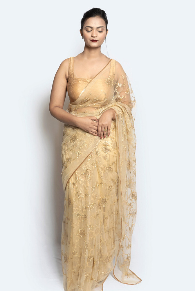 Buy Wardrobe Luxury Embroidered Bollywood Net Gold Sarees Online