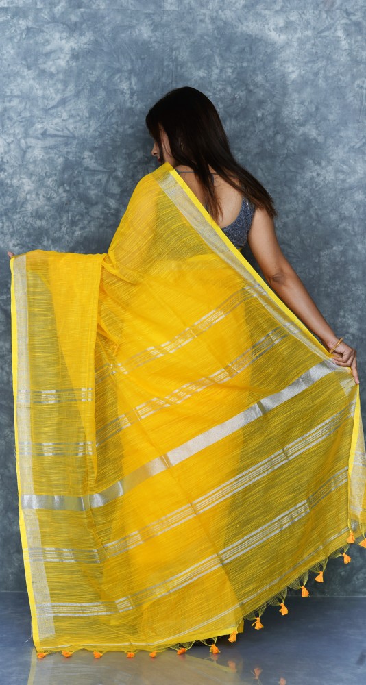 Plain Handloom Saree For Women And Girls Cotton Silk In Lemon Yellow And  Sylhet Color Combination Best Quality For Everyday Use
