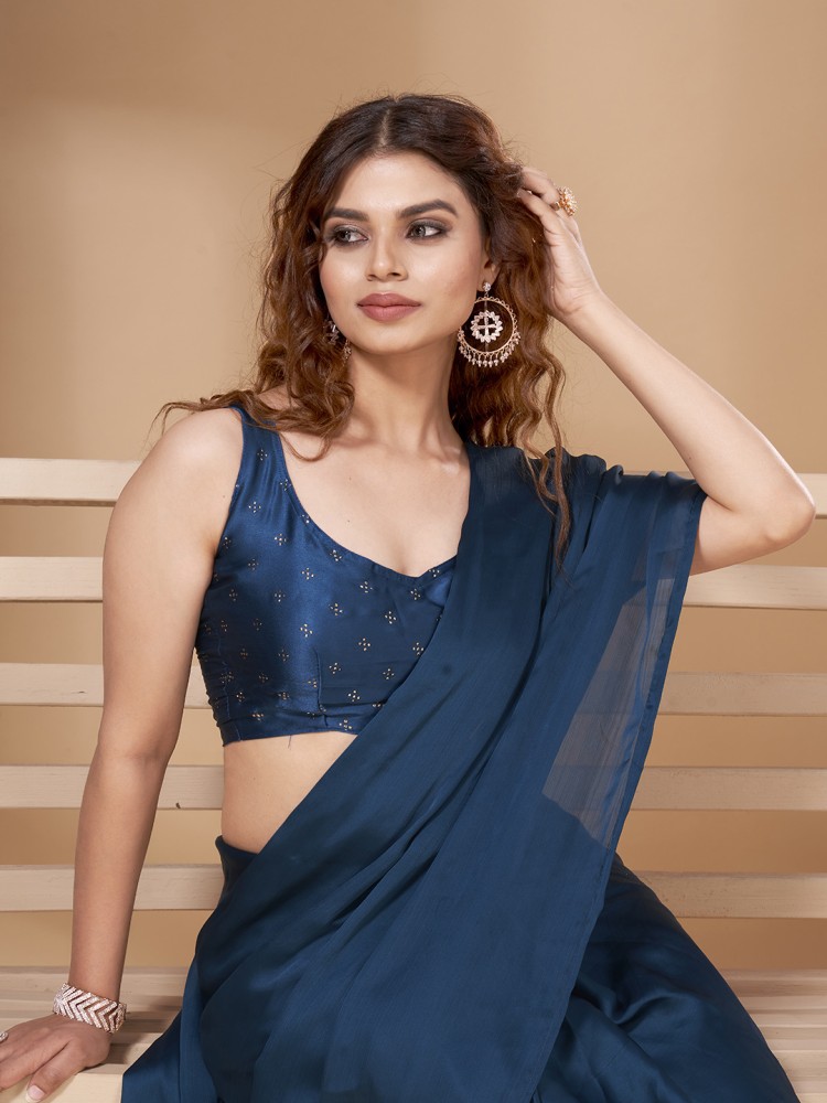 Sequence Solid/Plain Bollywood Georgette, Silk Blend Saree (Navy Blue)