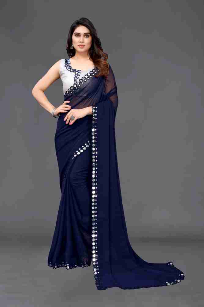 Sequence Solid/Plain Bollywood Georgette, Silk Blend Saree (Navy Blue)