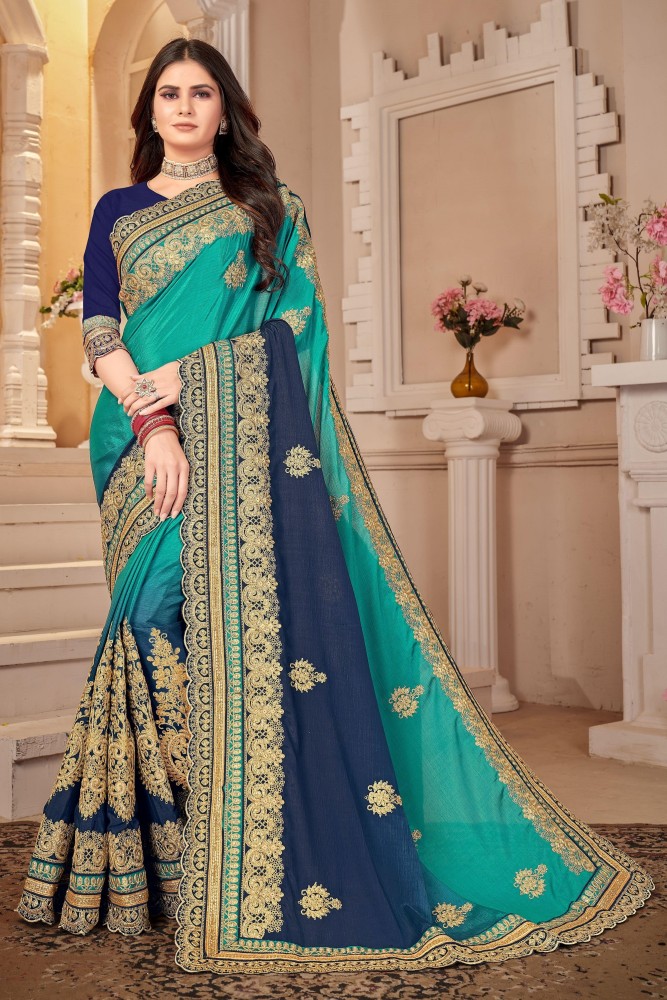 Buy MANOHARI Embroidered Bollywood Chiffon Dark Blue, Green Sarees Online @  Best Price In India