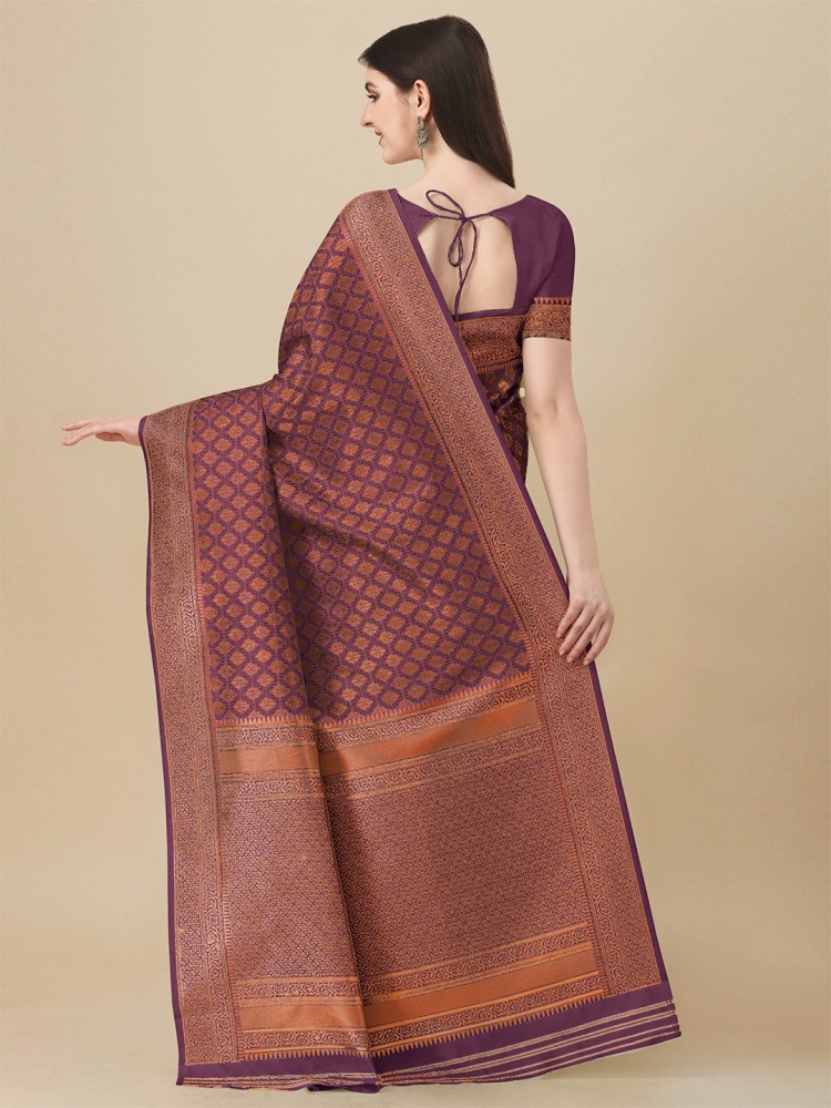 Buy Jaanvi Fashion Woven Kanjivaram Silk Blend Purple Sarees
