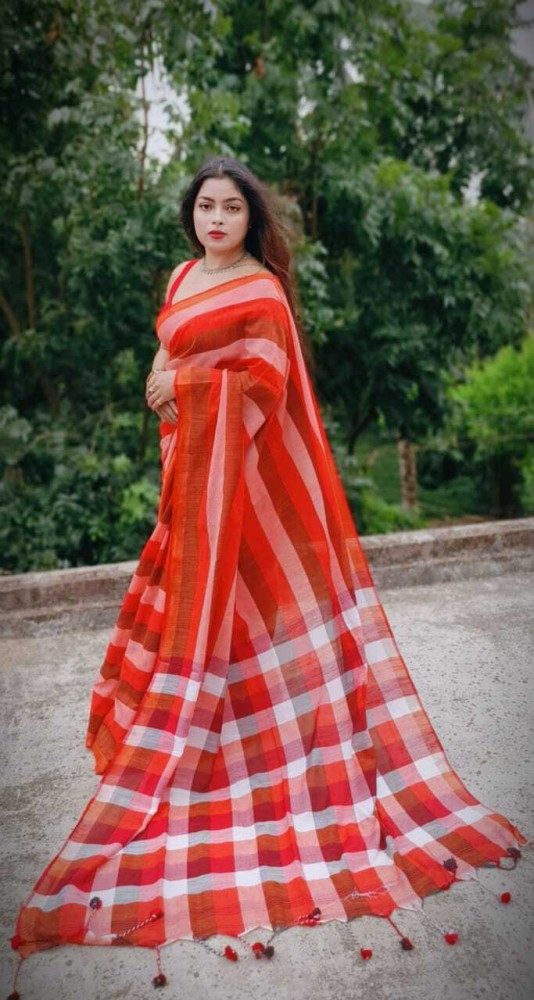 Buy Balika bodhu Self Design Handloom Pure Cotton Orange, White Sarees  Online @ Best Price In India
